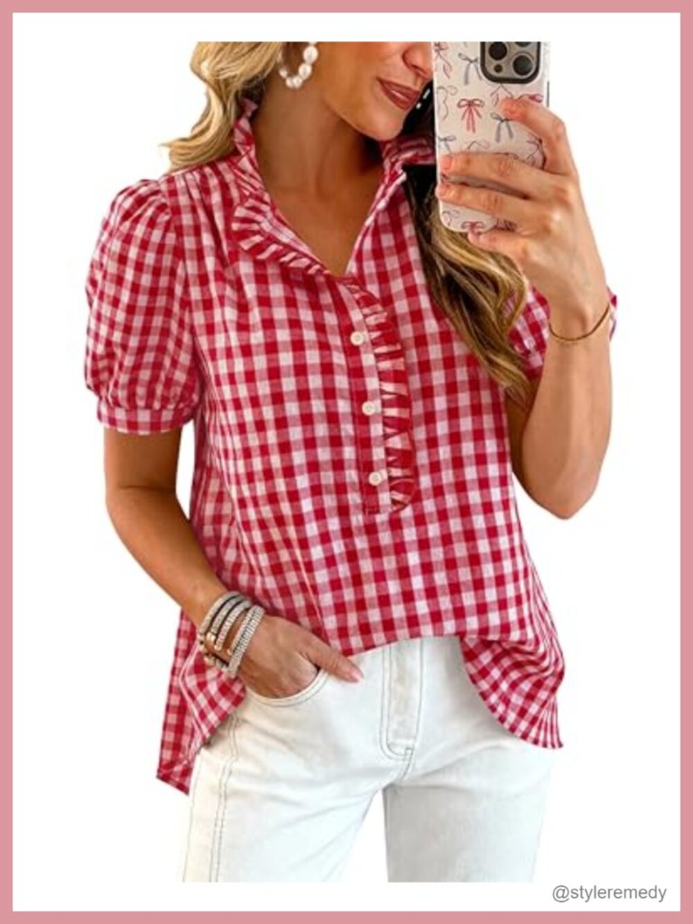 Women Puff Sleeve Boho Blouse Ruffle Button V-Neck Dressy Casual